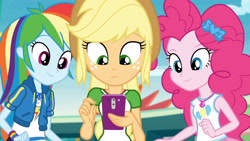 Size: 3410x1920 | Tagged: safe, screencap, applejack, pinkie pie, rainbow dash, equestria girls, equestria girls specials, g4, my little pony equestria girls: better together, my little pony equestria girls: rollercoaster of friendship, applejack's hat, cellphone, clothes, cowboy hat, cutie mark, cutie mark on clothes, female, geode of sugar bombs, geode of super speed, hat, high res, hoodie, jewelry, magical geodes, necklace, phone, smartphone, smiling, tank top