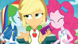 Size: 3410x1920 | Tagged: safe, screencap, applejack, pinkie pie, rainbow dash, equestria girls, equestria girls specials, g4, my little pony equestria girls: better together, my little pony equestria girls: rollercoaster of friendship, applejack's hat, cellphone, clothes, cowboy hat, cute, cutie mark, cutie mark on clothes, dashabetes, diapinkes, eyes closed, female, geode of sugar bombs, geode of super speed, geode of super strength, hat, high res, hoodie, jewelry, magical geodes, necklace, phone, smartphone, smiling, tank top