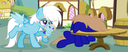 Size: 1166x479 | Tagged: safe, artist:feather_bloom, oc, oc:blue_skies, oc:feather bloom(fb), oc:feather_bloom, oc:hazel_nut, earth pony, pegasus, pony, baby, baby pony, couple, facedesk, female, filly, male, mare, oc x oc, shipping, stallion, table, tired, trio