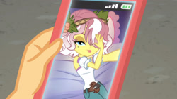 Size: 3410x1920 | Tagged: safe, screencap, applejack, vignette valencia, equestria girls, equestria girls specials, g4, my little pony equestria girls: better together, my little pony equestria girls: rollercoaster of friendship, cellphone, female, hair over one eye, hashtag bangs, high res, looking at you, phone, pillow, smartphone, smiling, smiling at you, solo focus, you know for kids