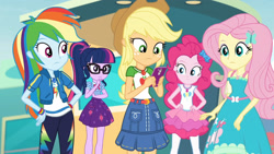 Size: 3410x1920 | Tagged: safe, screencap, applejack, fluttershy, pinkie pie, rainbow dash, sci-twi, twilight sparkle, equestria girls, equestria girls specials, g4, my little pony equestria girls: better together, my little pony equestria girls: rollercoaster of friendship, applejack's hat, belt, bowtie, cellphone, clothes, cowboy hat, denim skirt, female, geode of fauna, geode of sugar bombs, geode of super speed, geode of super strength, geode of telekinesis, glasses, hairpin, hand on hip, hat, high res, hoodie, jewelry, magical geodes, necklace, phone, ponytail, rah rah skirt, skirt, smartphone, tank top