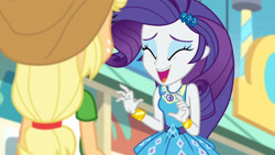 Size: 3410x1920 | Tagged: safe, screencap, applejack, rarity, equestria girls, equestria girls series, g4, rollercoaster of friendship, applejack's hat, bracelet, cowboy hat, eyes closed, female, geode of shielding, hairpin, hat, high res, jewelry, magical geodes, open mouth, rarity peplum dress