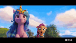 Size: 520x293 | Tagged: safe, screencap, izzy moonbow, sunny starscout, butterfly, earth pony, pony, unicorn, g5, my little pony: a new generation, spoiler:my little pony: a new generation, 3d, animated, cliff, female, gif, mare, netflix