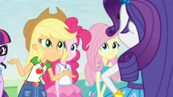 Size: 3410x1920 | Tagged: safe, screencap, applejack, fluttershy, pinkie pie, rarity, sci-twi, twilight sparkle, equestria girls, equestria girls series, g4, rollercoaster of friendship, applejack's hat, bracelet, clothes, cowboy hat, female, geode of fauna, geode of sugar bombs, geode of super strength, hat, high res, jewelry, magical geodes, offscreen character, rarity peplum dress, smiling, tank top