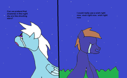Size: 1306x802 | Tagged: safe, artist:feather_bloom, oc, oc only, oc:blue_skies, oc:feather bloom(fb), oc:feather_bloom, earth pony, pegasus, pony, aeroplanes and meteor showers, airplanes (song), couple, duo, meme, oc x oc, shipping, shitposting