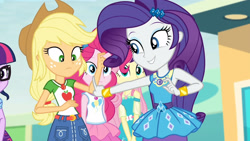 Size: 3410x1920 | Tagged: safe, screencap, applejack, fluttershy, pinkie pie, rarity, sci-twi, twilight sparkle, equestria girls, equestria girls specials, g4, my little pony equestria girls: better together, my little pony equestria girls: rollercoaster of friendship, applejack's hat, bracelet, clothes, cowboy hat, cute, female, geode of fauna, geode of shielding, geode of sugar bombs, geode of super strength, hairpin, hat, high res, jewelry, magical geodes, offscreen character, raribetes, rarity peplum dress, smiling, tank top