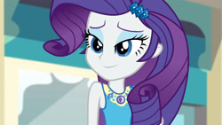 Size: 3410x1920 | Tagged: safe, screencap, rarity, equestria girls, equestria girls series, g4, rollercoaster of friendship, female, geode of shielding, hairpin, high res, magical geodes, rarity peplum dress, smiling, solo