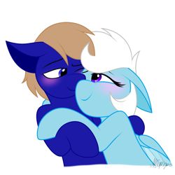 Size: 2000x2000 | Tagged: safe, artist:feather_bloom, oc, oc:blue_skies, oc:feather bloom(fb), oc:feather_bloom, earth pony, pegasus, pony, blushing, couple, cuddling, duo, high res, in love, looking at each other, oc x oc, one eye closed, shipping