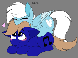 Size: 2442x1820 | Tagged: safe, artist:feather_bloom, oc, oc:blue_skies, oc:feather bloom(fb), oc:feather_bloom, earth pony, pegasus, pony, blushing, butt touch, couple, cute, duo, female, gray background, heart, hoof on butt, lying down, lying on top of someone, male, oc x oc, shipping, simple background, tail, wholesome