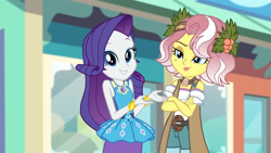 Size: 3410x1920 | Tagged: safe, screencap, rarity, vignette valencia, equestria girls, equestria girls series, g4, rollercoaster of friendship, bracelet, clothes, crossed arms, cutie mark, cutie mark on clothes, female, geode of shielding, high res, jewelry, magical geodes, rarity peplum dress, smiling