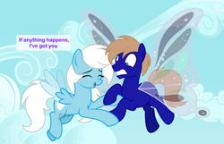 Size: 2640x1700 | Tagged: safe, artist:feather_bloom, oc, oc:blue_skies, oc:feather bloom(fb), oc:feather_bloom, earth pony, pegasus, pony, couple, dialogue, duo, flying, gossamer wings, holding hooves, looking down, male, oc x oc, scared, shipping, show accurate, speech bubble, stallion, tail, wings
