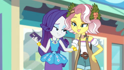 Size: 3410x1920 | Tagged: safe, screencap, rarity, vignette valencia, equestria girls, equestria girls series, g4, rollercoaster of friendship, bracelet, cellphone, clothes, cutie mark, cutie mark on clothes, duo, duo female, female, geode of shielding, high res, jewelry, magical geodes, phone, rarity peplum dress, smartphone, smiling