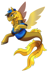 Size: 1075x1595 | Tagged: safe, artist:eternity9, oc, oc only, pegasus, pony, seapony (g4), blue eyes, chest fluff, clothes, dorsal fin, fin wings, fins, fish tail, flowing tail, hat, male, seaponified, simple background, smiling, solo, species swap, stallion, tail, transparent background, unshorn fetlocks, wings, yellow mane