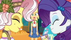 Size: 3410x1920 | Tagged: safe, screencap, applejack, fluttershy, rarity, vignette valencia, equestria girls, equestria girls series, g4, rollercoaster of friendship, applejack's hat, belt, bracelet, cellphone, clothes, cowboy hat, cutie mark, cutie mark on clothes, denim skirt, eyes closed, female, geode of super strength, hairpin, hat, high res, jewelry, magical geodes, necklace, open mouth, phone, rarity peplum dress, skirt, smartphone, smiling