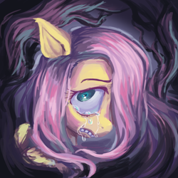 Size: 1920x1920 | Tagged: safe, artist:melonmilk, derpibooru exclusive, fluttershy, pegasus, pony, g4, bust, crying, dead tree, digital painting, female, gritted teeth, hair over one eye, looking at you, mare, painting, shrunken pupils, solo, tears of sadness, teary eyes, tree, wings