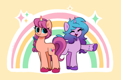 Size: 6800x4506 | Tagged: safe, artist:kittyrosie, izzy moonbow, sunny starscout, earth pony, pony, unicorn, g5, my little pony: a new generation, spoiler:my little pony: a new generation, absurd resolution, backwards cutie mark, braid, colored hooves, cute, duo, fake horn, female, happy, heart eyes, izzybetes, looking at you, mare, rainbow, raised hoof, smiling, sparkles, sunnybetes, unshorn fetlocks, wingding eyes