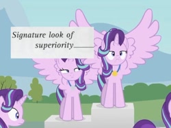 Size: 654x493 | Tagged: safe, artist:forgalorga, edit, edited screencap, screencap, starlight glimmer, alicorn, pony, starlight's world, g4, alicornified, count dooku, cropped, medal, multeity, podium, race swap, signature look of superiority, solo, spread wings, star wars, starlicorn, starlight cluster, wings