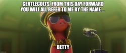 Size: 1193x500 | Tagged: safe, edit, edited screencap, screencap, sprout cloverleaf, g5, my little pony: a new generation, 3d, betty, dictator, emperor sprout, imgflip, kung pow, kung pow: enter the fist, sunglasses, text