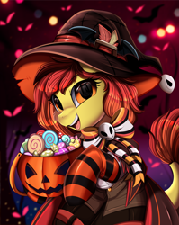 Size: 2550x3209 | Tagged: safe, artist:pridark, oc, oc only, oc:flamespitter, pony, clothes, commission, hat, high res, pumpkin bucket, socks, solo, striped socks, witch hat, ych result