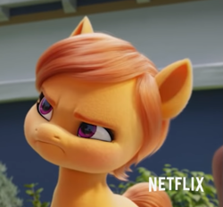Size: 1515x1408 | Tagged: safe, screencap, plucky pumpkin, earth pony, pony, g5, my little pony: a new generation, spoiler:my little pony: a new generation, 3d, :c, >:c, angry, colt, cropped, frown, grumpy, male, netflix logo, offscreen character, solo