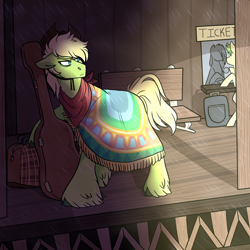 Size: 2000x2000 | Tagged: safe, artist:gingygin, oc, oc only, oc:southern soul, pony, clothes, guitar case, high res, offspring, parent:apple bloom, parent:pipsqueak, parents:pipbloom, poncho, solo focus, train station, unshorn fetlocks