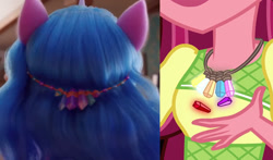 Size: 1000x588 | Tagged: safe, screencap, gloriosa daisy, izzy moonbow, human, pony, unicorn, equestria girls, g4, g5, my little pony equestria girls: legend of everfree, my little pony: a new generation, 3d, comparison, headress, horn, jewelry, magical geodes, necklace