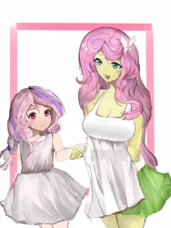 Size: 3000x4000 | Tagged: safe, artist:戈齐, fluttershy, oc, oc:forestring, human, equestria girls, g4, cute, duo, female, love, mother and child, mother and daughter