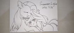 Size: 2373x1068 | Tagged: safe, artist:夏决明, fluttershy, oc, oc:forestar, pegasus, pony, unicorn, g4, canon x oc, cute, duo, female, flutterstar, hug, love, male, shipping, straight, traditional art, winghug, wings