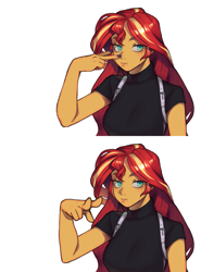 Size: 2039x2756 | Tagged: safe, artist:ikirunosindo, sunset shimmer, equestria girls, g4, 2 panel comic, bust, comic, female, gesture, high res, i'm watching you, looking at you, reaction image, simple background, solo, white background