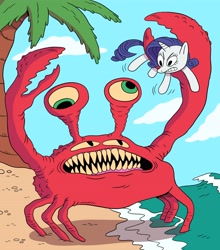 Size: 3604x4096 | Tagged: safe, artist:spirantel, rarity, crab, giant crab, pony, unicorn, g4, beach, female, holding a pony, mare, rarity fighting a giant crab, sharp teeth, teeth