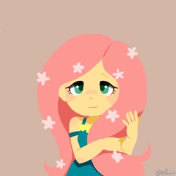 Size: 2043x2043 | Tagged: safe, artist:efuji_d, fluttershy, equestria girls, g4, blushing, brown background, clothes, cute, dress, female, flower, flower in hair, high res, lineless, looking at you, shyabetes, simple background, solo