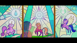 Size: 1920x1080 | Tagged: safe, screencap, earth pony, pegasus, pony, unicorn, g5, my little pony: a new generation, crystal, earth pony crystal, lore, pegasus crystal, stained glass, station, unicorn crystal, zephyr heights, zephyr heights terminal