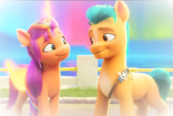 Size: 1988x1330 | Tagged: safe, edit, edited screencap, screencap, hitch trailblazer, sunny starscout, alicorn, earth pony, pony, g5, my little pony: a new generation, spoiler:my little pony: a new generation, 3d, alicornified, artificial wings, augmented, female, glowing, glowing horn, horn, magic, magic wings, male, mare, race swap, ship:starblazer, shipping, stallion, straight, sunnycorn, wings