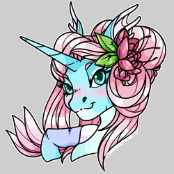 Size: 1750x1750 | Tagged: safe, artist:turianofhyrule, oc, oc only, seapony (g4), unicorn, blue eyes, blushing, bust, commission, cute, eyelashes, female, flower, flowing mane, gray background, horn, leaf, nostrils, pink mane, seaponified, signature, simple background, smiling, solo, species swap