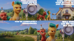Size: 1280x720 | Tagged: safe, edit, edited screencap, editor:quoterific, screencap, hitch trailblazer, sprout cloverleaf, earth pony, pony, g5, my little pony: a new generation, spoiler:g5, spoiler:my little pony: a new generation, 3d, anti-mind reading cap, male, open mouth, stallion