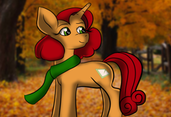 Size: 1100x758 | Tagged: safe, artist:tranzmuteproductions, oc, oc only, oc:keyframe, pony, unicorn, clothes, eyelashes, female, horn, looking back, mare, outdoors, scarf, smiling, solo, tree, unicorn oc