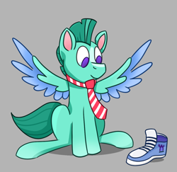 Size: 1000x970 | Tagged: artist needed, source needed, safe, thunder flap, pegasus, pony, g5, my little pony: a new generation, clothes, male, necktie, shoes, sitting, sneakers, solo, spread wings, stallion, wings