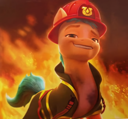 Size: 1054x978 | Tagged: safe, edit, edited screencap, screencap, hitch trailblazer, g5, my little pony: a new generation, 3d, cropped, fire, firefighter, looking at you, stupid sexy hitch trailblazer