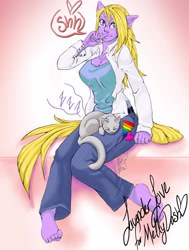 Size: 2127x2820 | Tagged: safe, artist:ladyfitz, oc, cat, earth pony, anthro, plantigrade anthro, clothes, earth pony oc, female, glasses, high res, human facial structure, pants, shhh, signature, sitting, sleeping, smiling