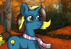 Size: 1100x758 | Tagged: safe, artist:tranzmuteproductions, oc, oc only, pony, unicorn, clothes, female, forest, glasses, horn, mare, outdoors, scarf, smiling, solo, tree, unicorn oc