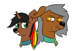 Size: 1100x758 | Tagged: safe, artist:tranzmuteproductions, oc, oc:lightning bliss, dog, dog pony, great dane, pony, unicorn, bust, collar, dogified, duo, female, frown, grin, grumpy, mare, portrait, scooby-doo, scooby-doo!, scrappy-doo, simple background, smiling, species swap, white background