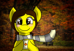 Size: 1100x758 | Tagged: safe, artist:tranzmuteproductions, oc, oc only, earth pony, pony, bust, clothes, earth pony oc, female, mare, mug, outdoors, scarf, solo, tree