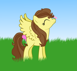 Size: 1217x1133 | Tagged: safe, artist:zombietator, oc, oc only, butterfly, pegasus, pony, eyelashes, female, mare, outdoors, pegasus oc, smiling, solo, wings