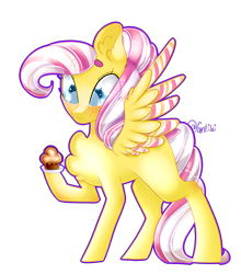 Size: 1532x1741 | Tagged: safe, artist:fantisai, oc, oc only, pegasus, pony, blushing, cupcake, food, pegasus oc, raised hoof, signature, simple background, solo, transparent background, wings