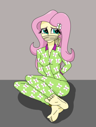 Size: 1376x1816 | Tagged: safe, artist:nie-martw-sie-o-mnie, fluttershy, equestria girls, g4, ankle tied, arm behind back, barefoot, bondage, bound and gagged, bound wrists, cloth gag, clothes, feet, female, fetish, foot fetish, gag, pajamas, soles, solo, tied up, toes