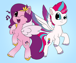 Size: 814x672 | Tagged: safe, artist:puppyhowler, pipp petals, zipp storm, pegasus, pony, g5, my little pony: a new generation, spoiler:my little pony: a new generation, adorapipp, adorazipp, cute, duo, female, one eye closed, royal sisters (g5), siblings, simple background, singing, sisters