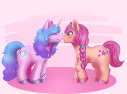 Size: 2700x2000 | Tagged: safe, artist:littlesatyr, izzy moonbow, sunny starscout, earth pony, pony, unicorn, g5, my little pony: a new generation, spoiler:my little pony: a new generation, cute, duo, female, heart, high res, lesbian, ship:moonscout, shipping