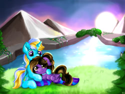 Size: 1280x970 | Tagged: safe, artist:appleneedle, oc, alicorn, pegasus, pony, commission, family, hill, love, nature, river, scenery, siblings, sun, tree