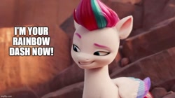 Size: 888x499 | Tagged: safe, edit, edited screencap, screencap, zipp storm, pegasus, pony, g5, my little pony: a new generation, spoiler:g5, spoiler:my little pony: a new generation, 3d, caption, eyebrows, female, folded wings, grin, image macro, imgflip, implied rainbow dash, lidded eyes, mare, meme, raised eyebrow, smiling, solo, text, wings