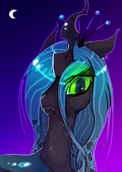 Size: 1754x2480 | Tagged: safe, artist:possbat, queen chrysalis, changeling, changeling queen, g4, bust, crescent moon, crown, female, gradient background, jewelry, moon, regalia, solo
